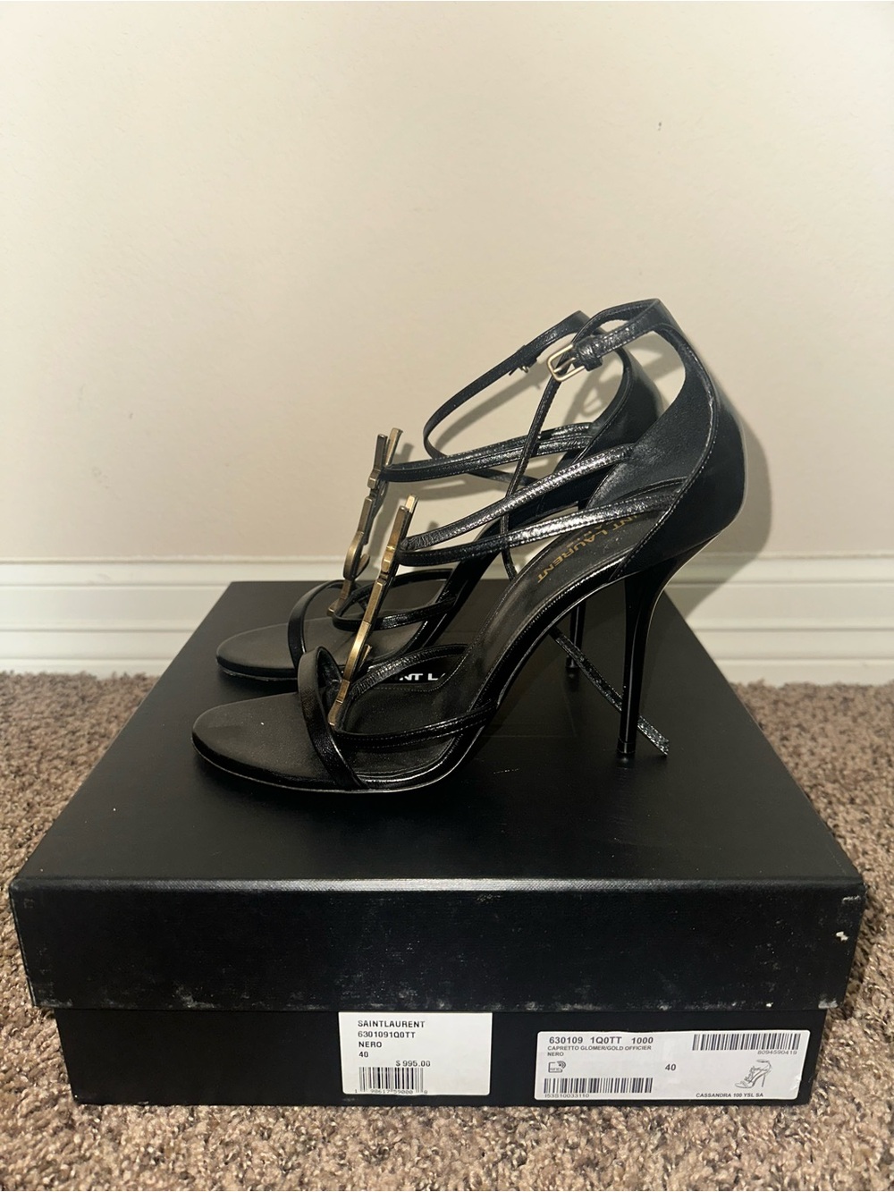 Saint Laurent Opyum Black YSL Logo High Heel Sandals with Gold Hardware - Picture 2 of 4